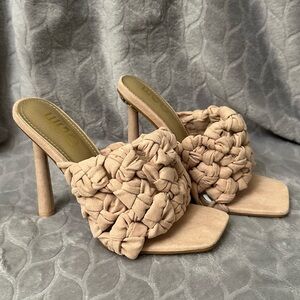 EGO- K-O Knotted Details Square Open Toe heel mule IN NUDE FAUX SUEDE - Size 7